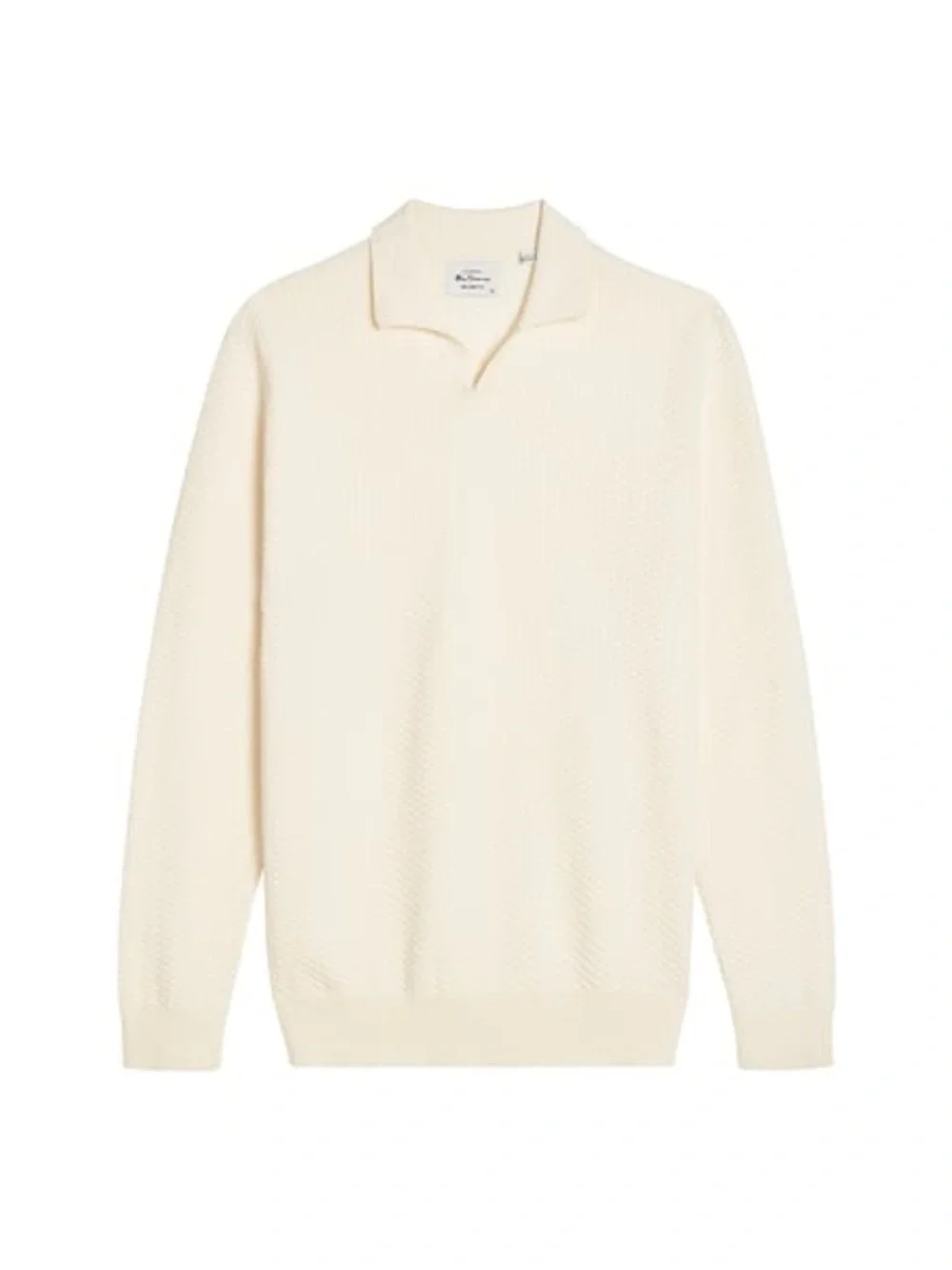 Ben Sherman Relaxed Fit Long Sleeve Textured Open Neck Knitted Polo in Ivory